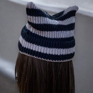 Striped Black Gray Crochet Knit Cat Ear Beanies Hat- NEW